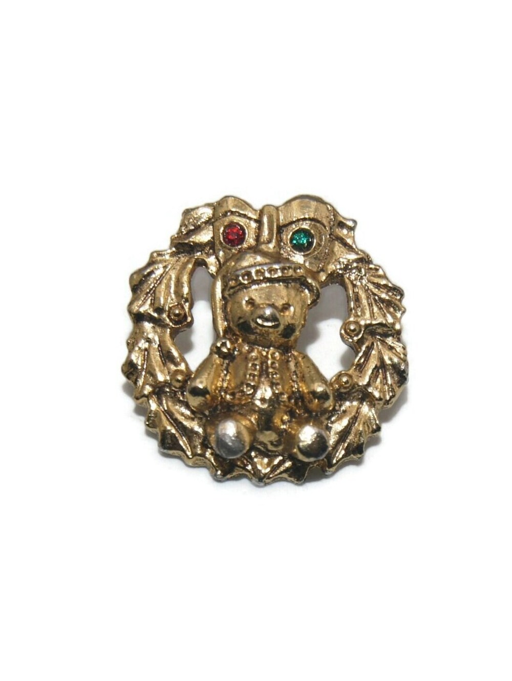 Vintage Gold Tone Christmas Teddy Bear in Wreath Lapel Pin.